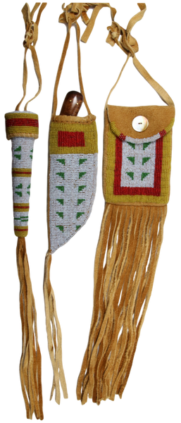 Brain Tanned Beaded Knife Sheath, Beaded Awl Case & Strike a Light Bag