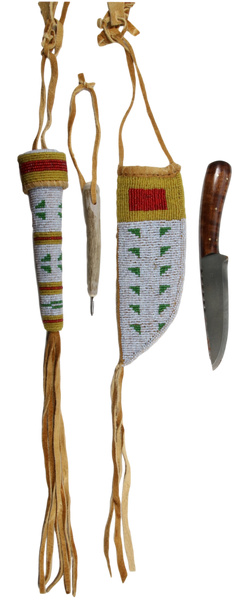 Brain Tanned Beaded Knife Sheath, Beaded Awl Case & Strike a Light Bag